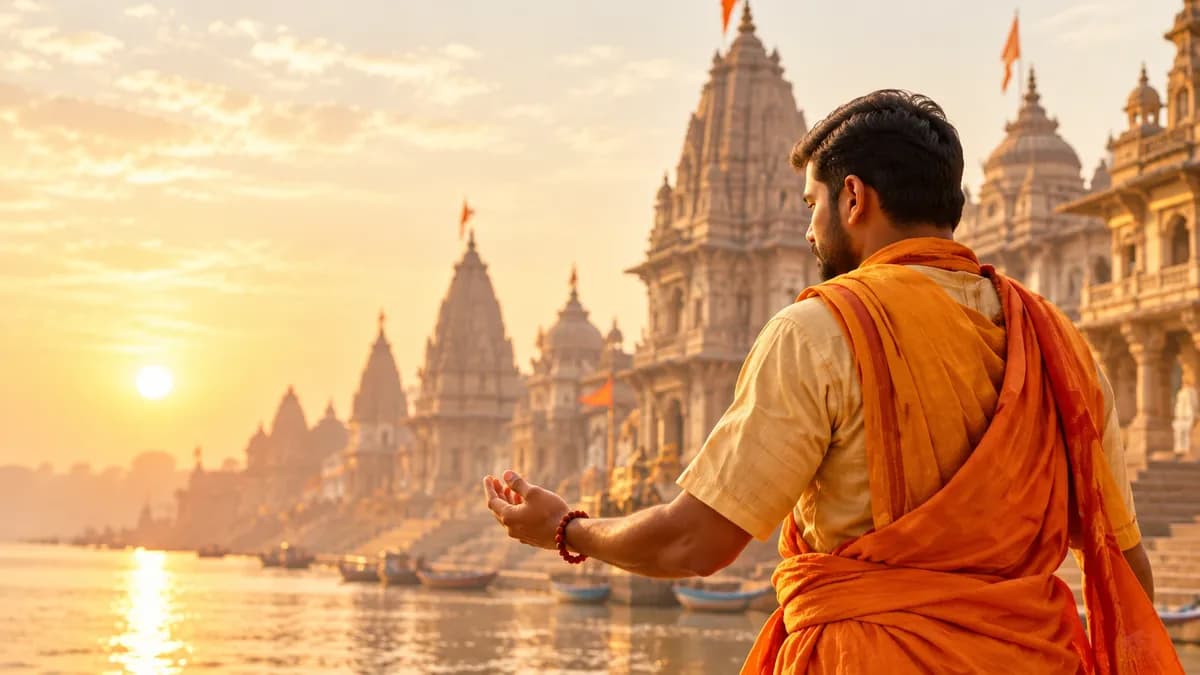 Purohit in traditional saffron robes offering prayers at sacred Vedic temple