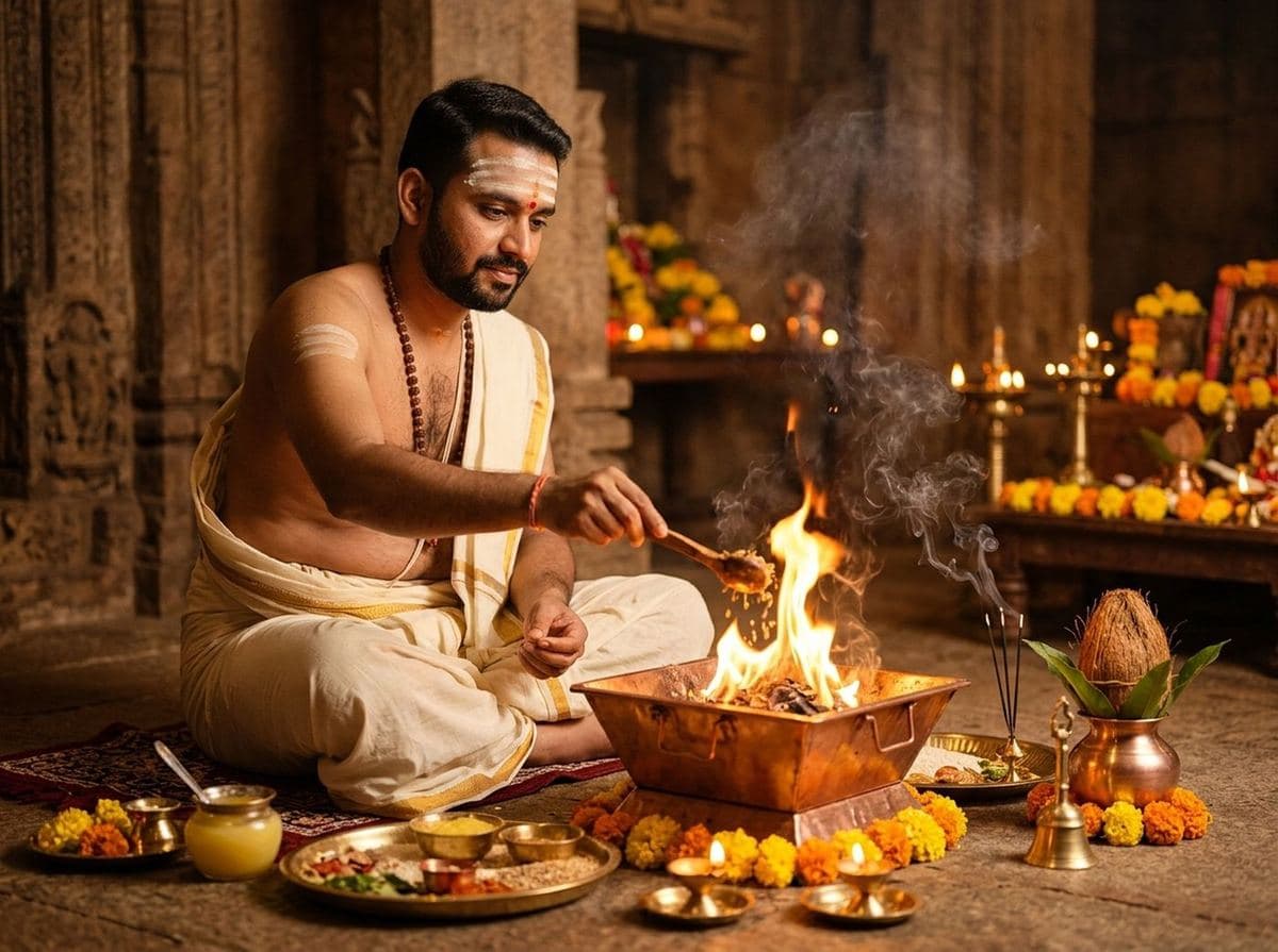 Vedic Hindu Purohit performing holy havan ceremony with golden fire
