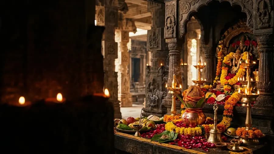 Sacred Vedic temple ritual altar with glowing brass oil lamps, marigold flowers and copper kalash